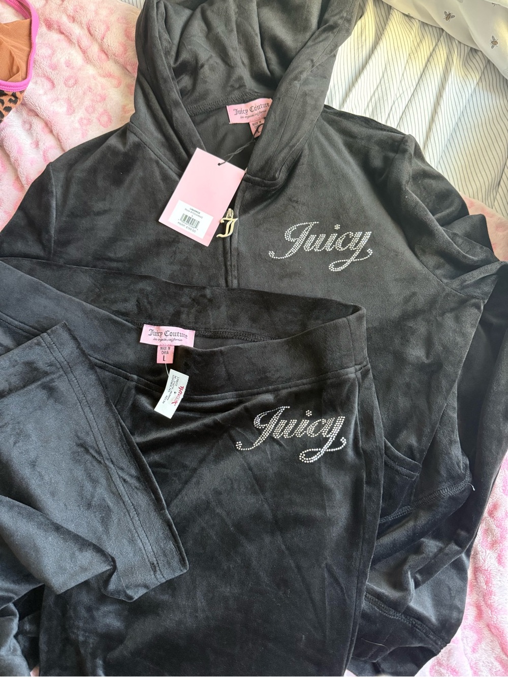 Juicy Couture Black Velour Rhinestone 'Juicy' Track Pants & Hoodie Set